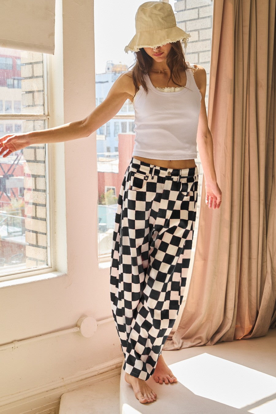 Checkered Printed Barrel Pants IP18157