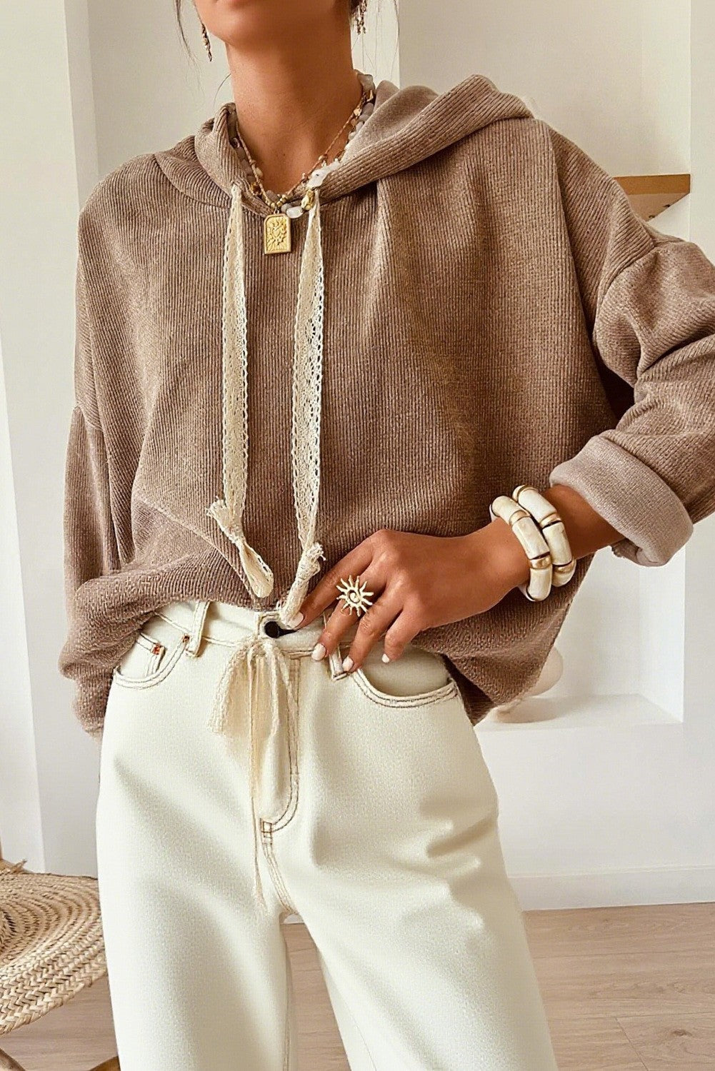 Brown Lace Hoodie SW25320255