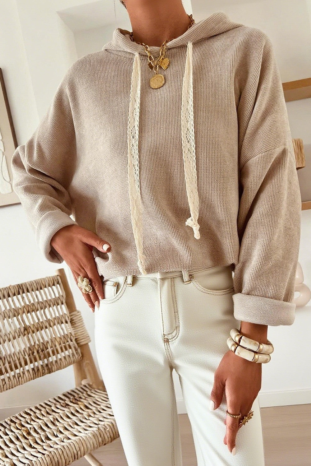 Beige Lace Hoodie SW25320255