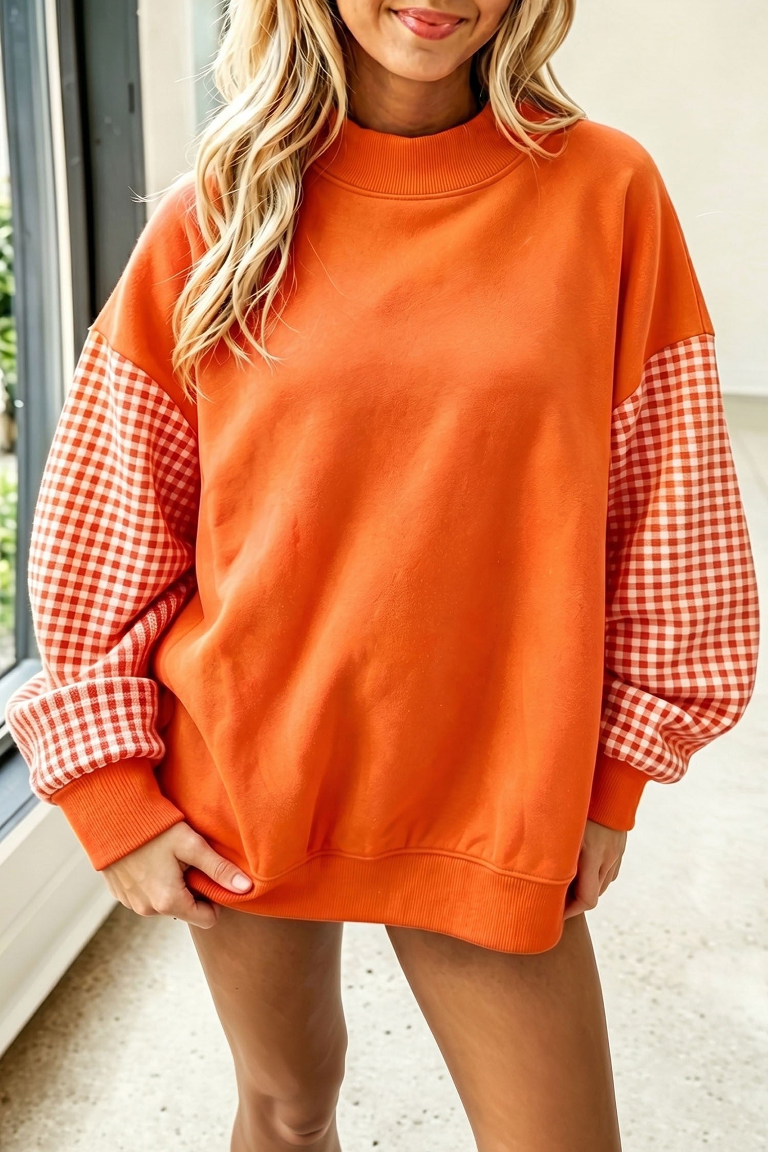 Orange Plaid Sleeve Tunic Sweatshirt SW25322005