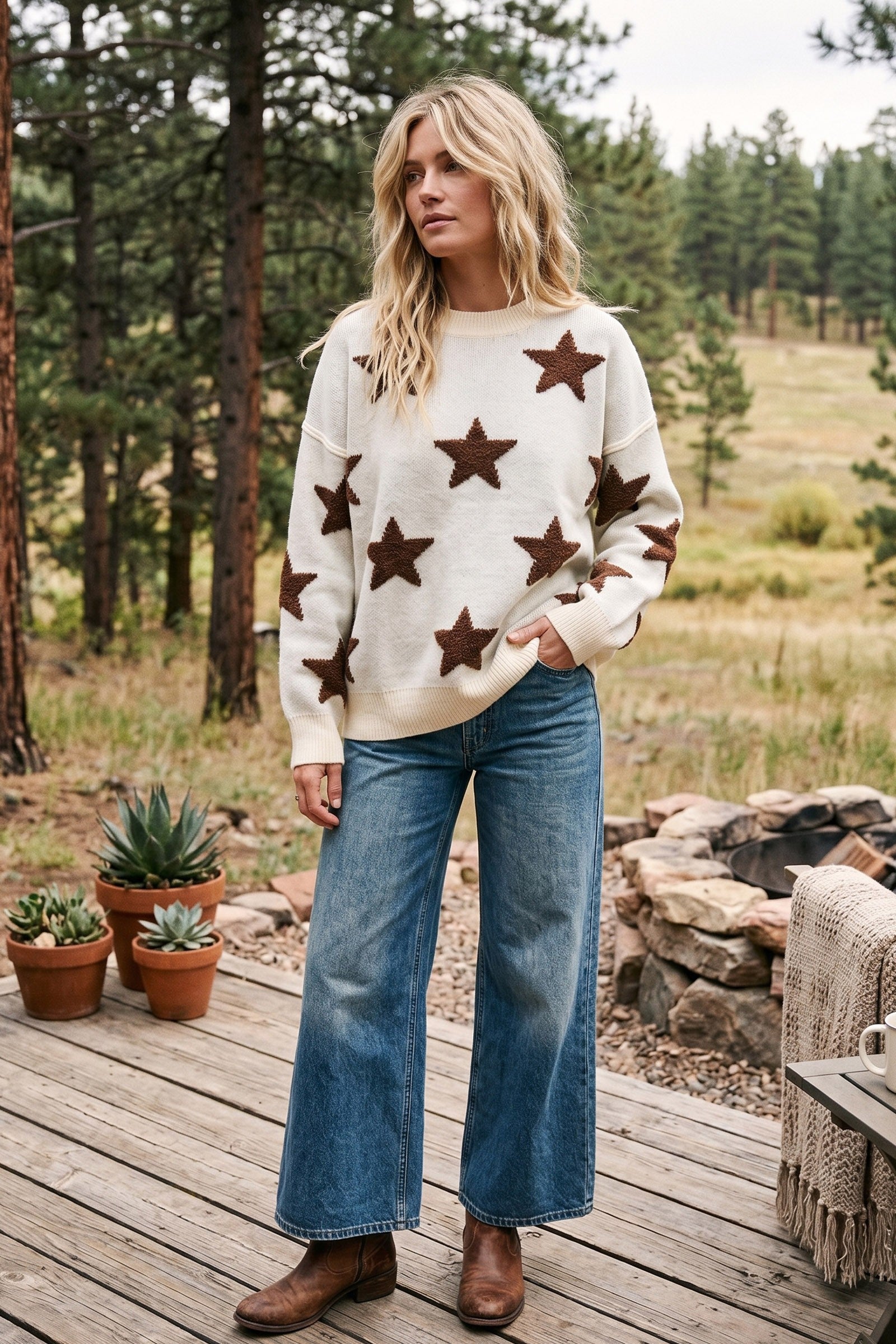 Brown Star Pattern Knit Sweater SNS2411
