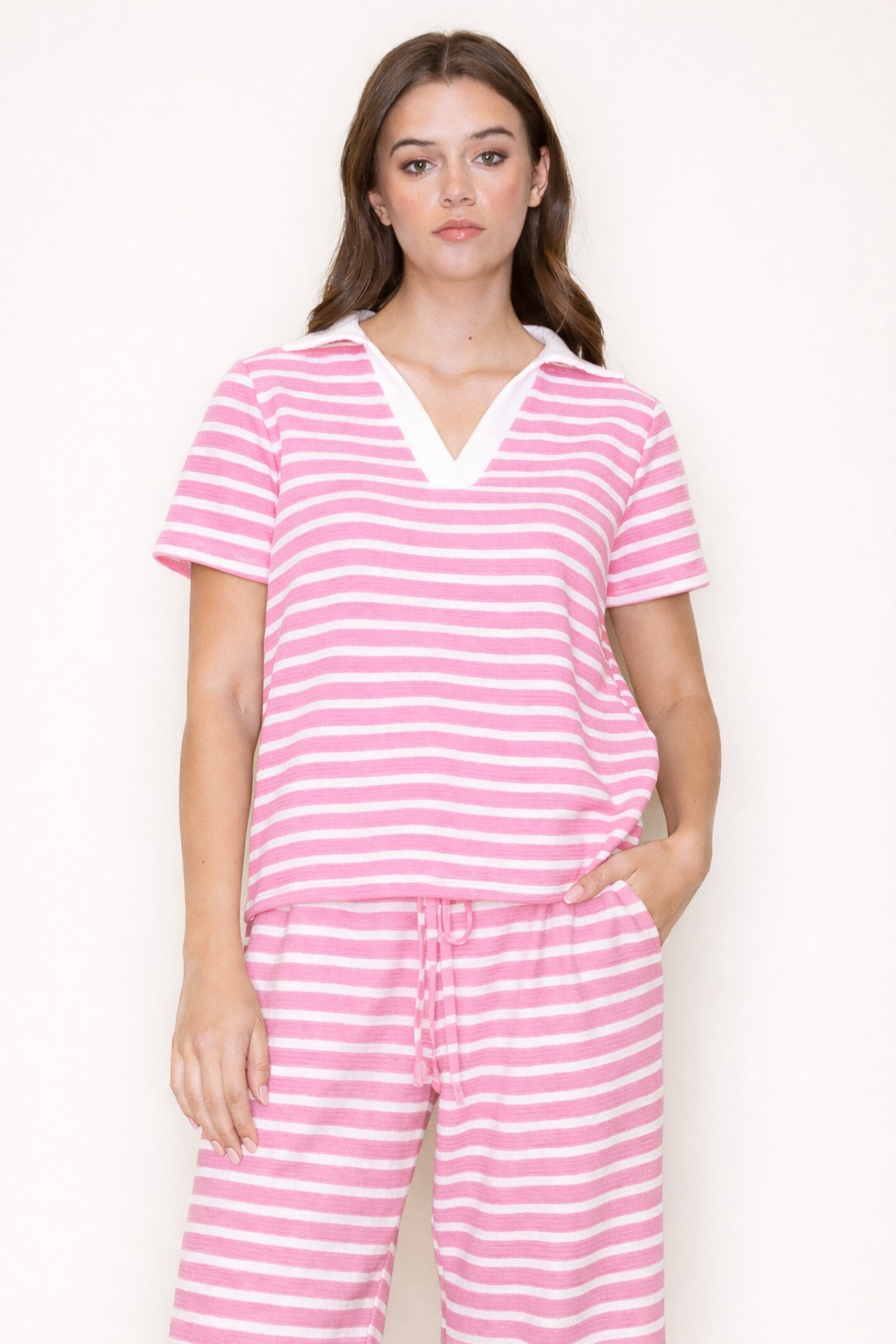 Pink Striped Cloudy Knit Top T-41618