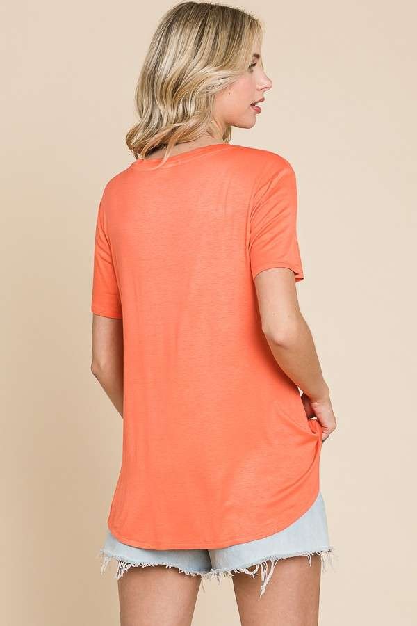 Willow Jade Semi Loose V Neck Short Sleeve Top in Coral