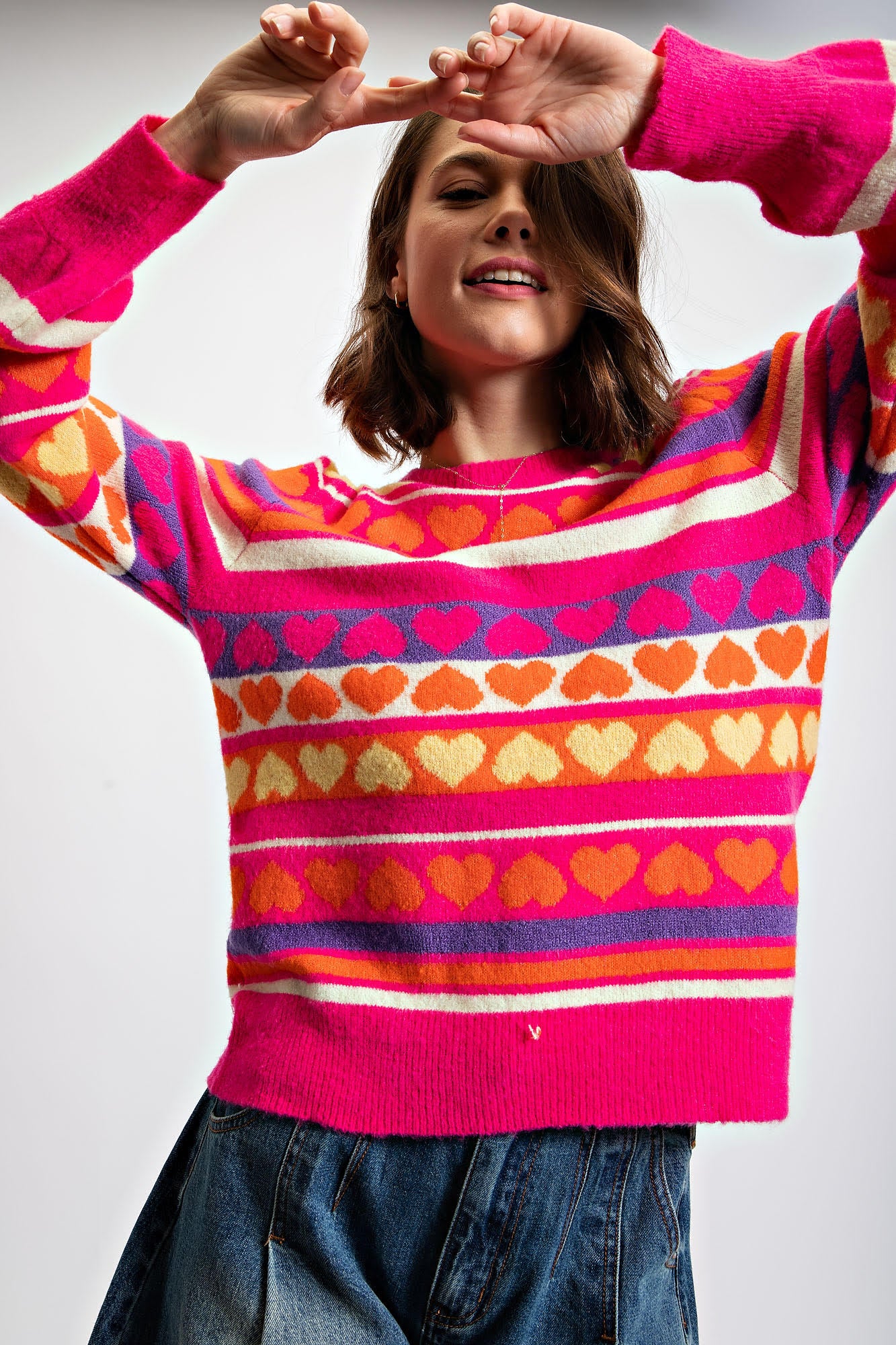 Hana Heart Pattern Knitted Sweater Pullover in Pink