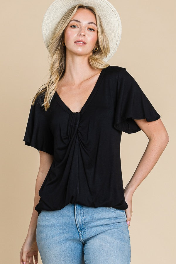 Willow Marie V Neck Twist Detail Flare Sleeve Top in Black