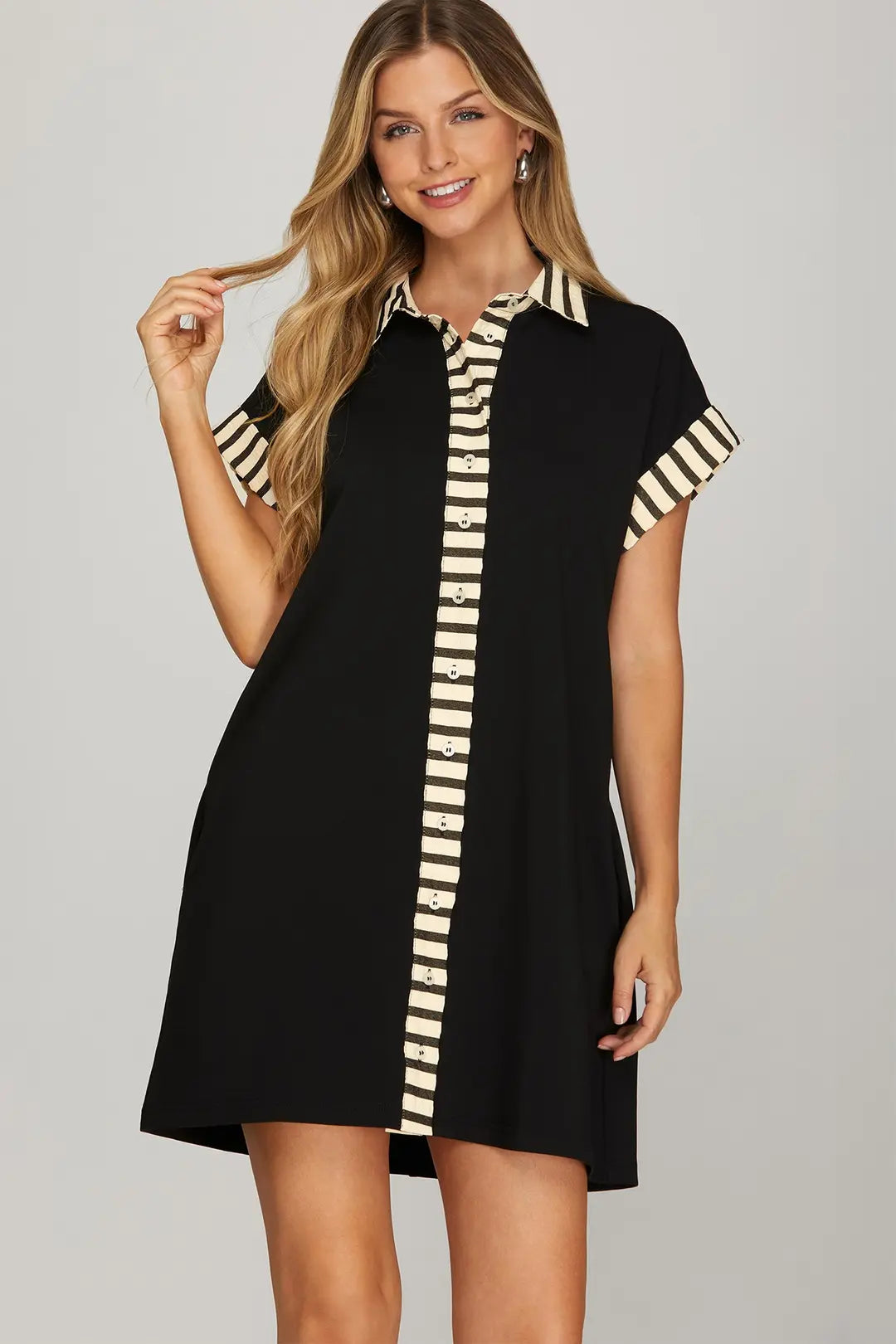 Blk Button Mini Dress ST1079