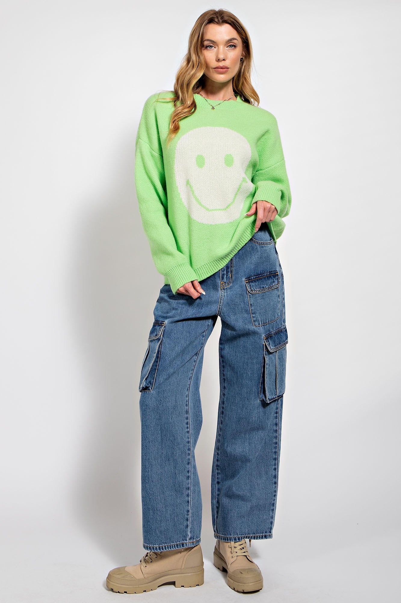 Sadie Smiley Face Knitted Sweater Pullover in Lime