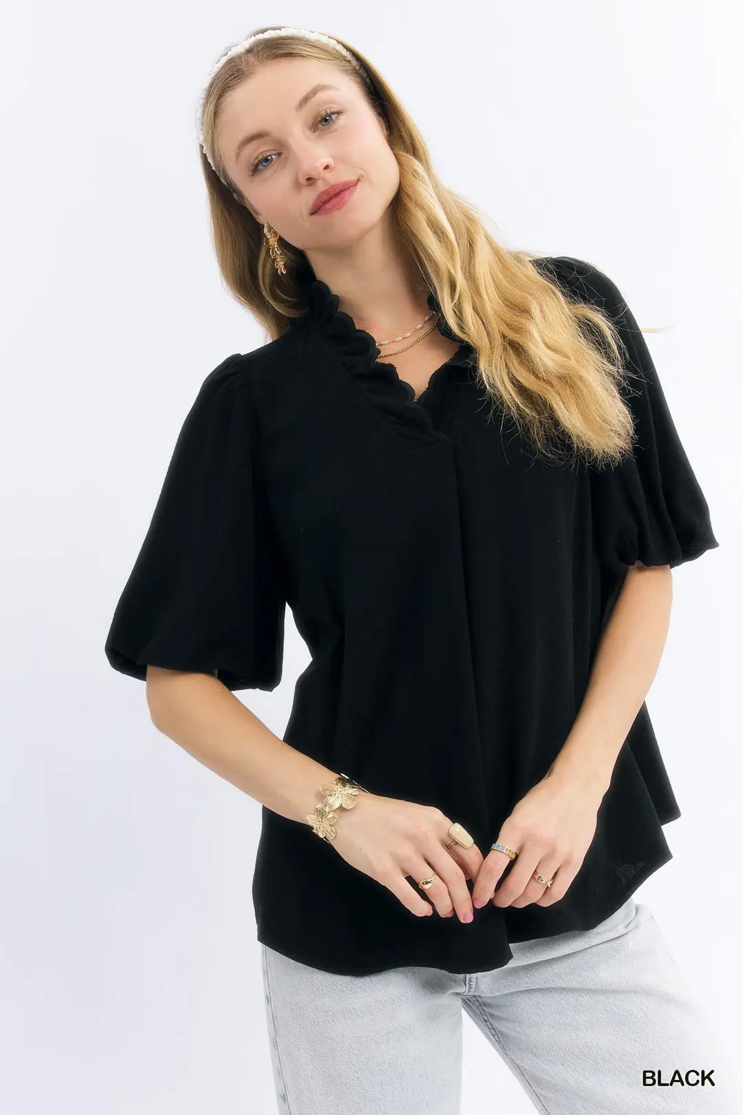 BLK Linen Scallop Trim V-Neck Top C5717