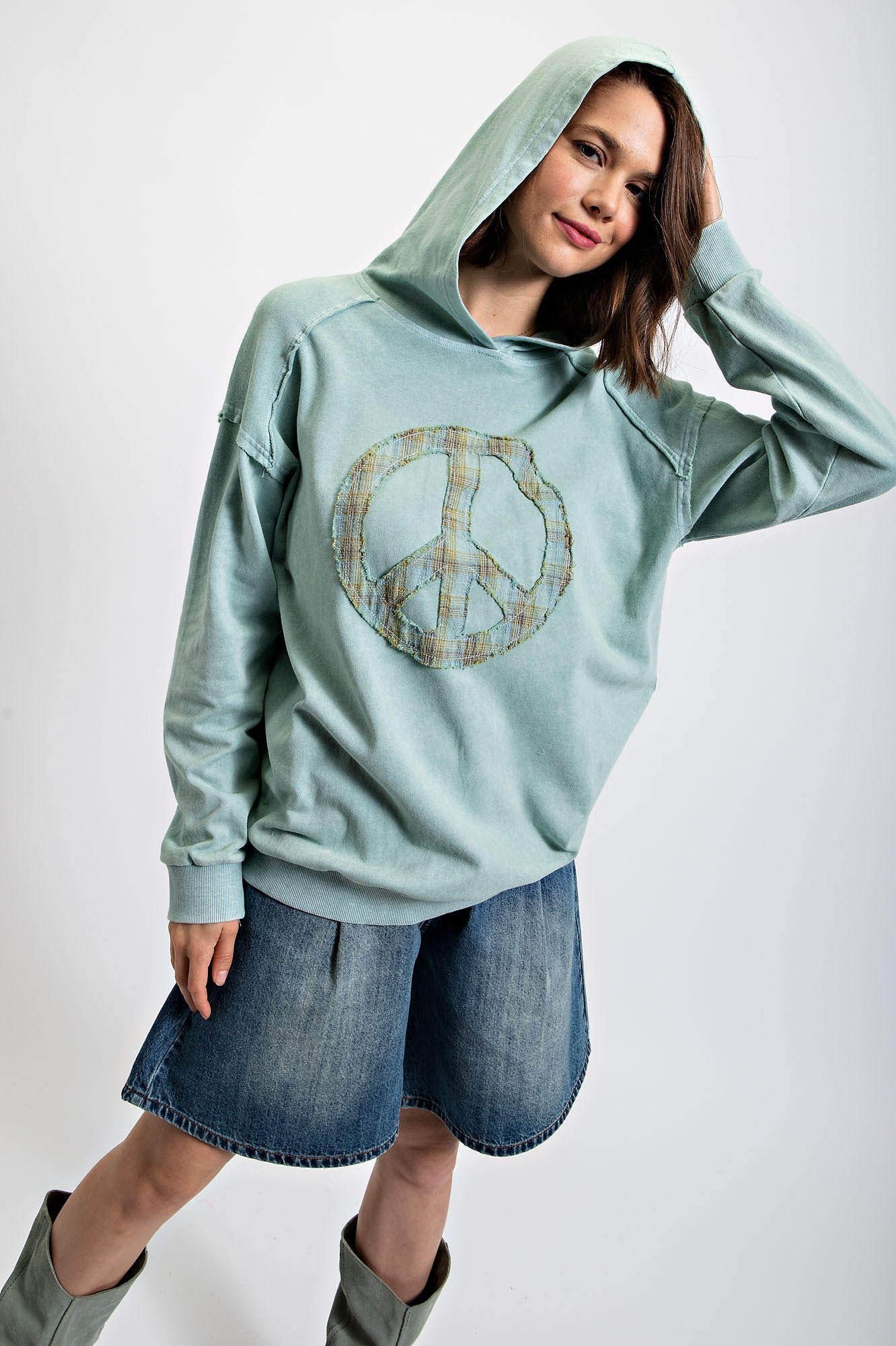 Natalie Peace Sign Mineral Washed Hoodie in Seafoam