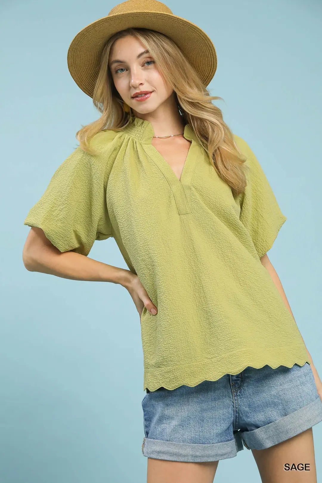 Sage Scalloped Hem Textured Blouse C5723