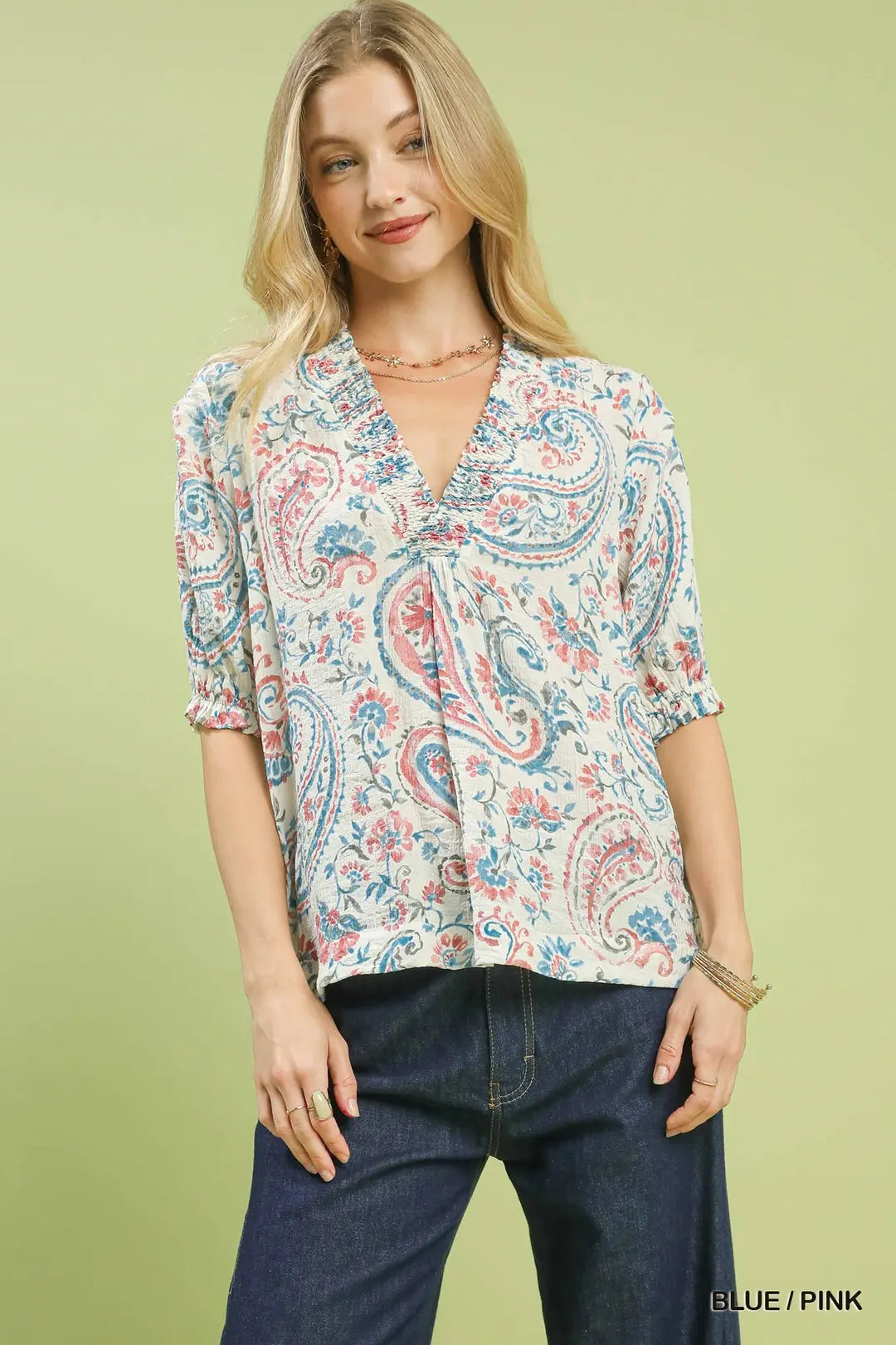 Smocked V-Neck Paisley Top K1455