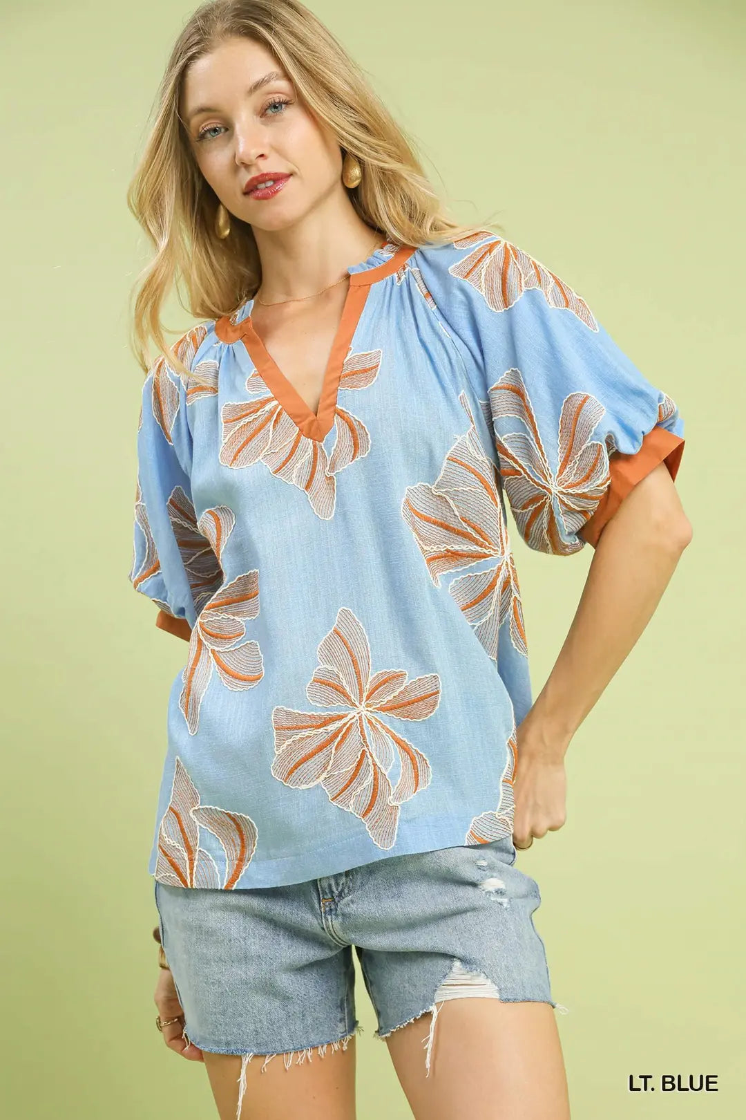 Embroidered V-Neck Top K1508
