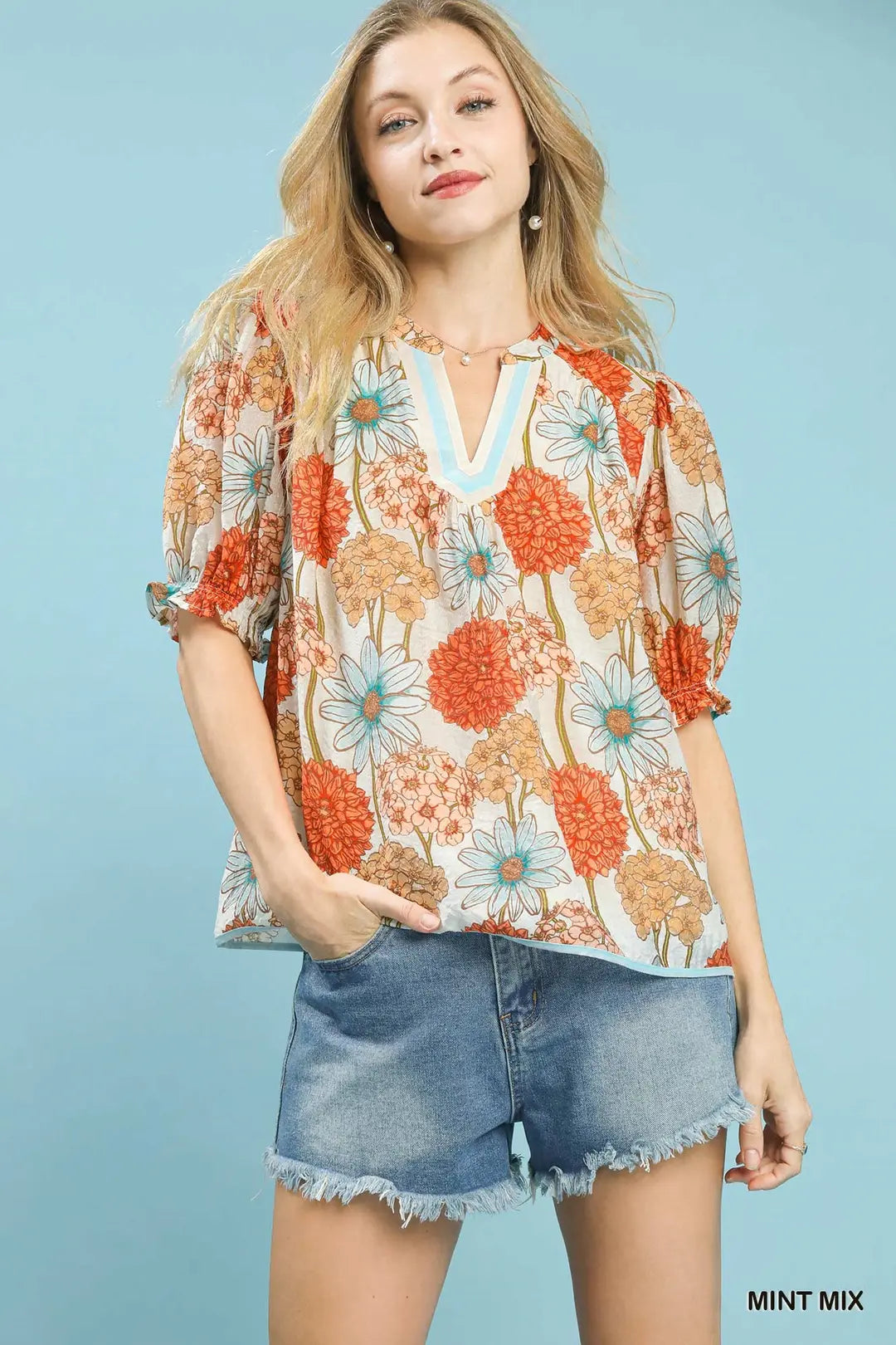 Mint Floral Print Puff Sleeve Top K1522