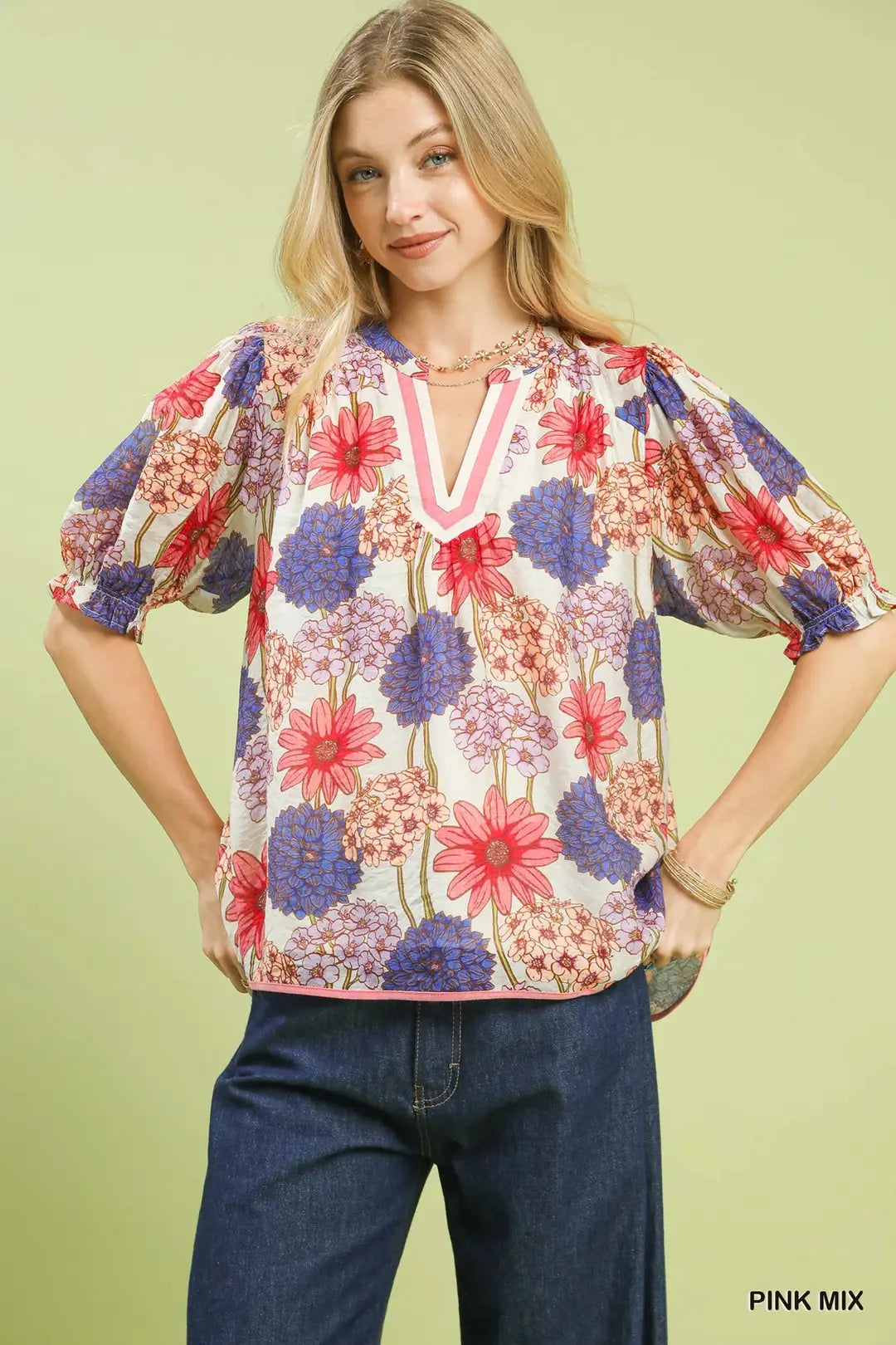 Pink Floral Print Puff Sleeve Top K1522