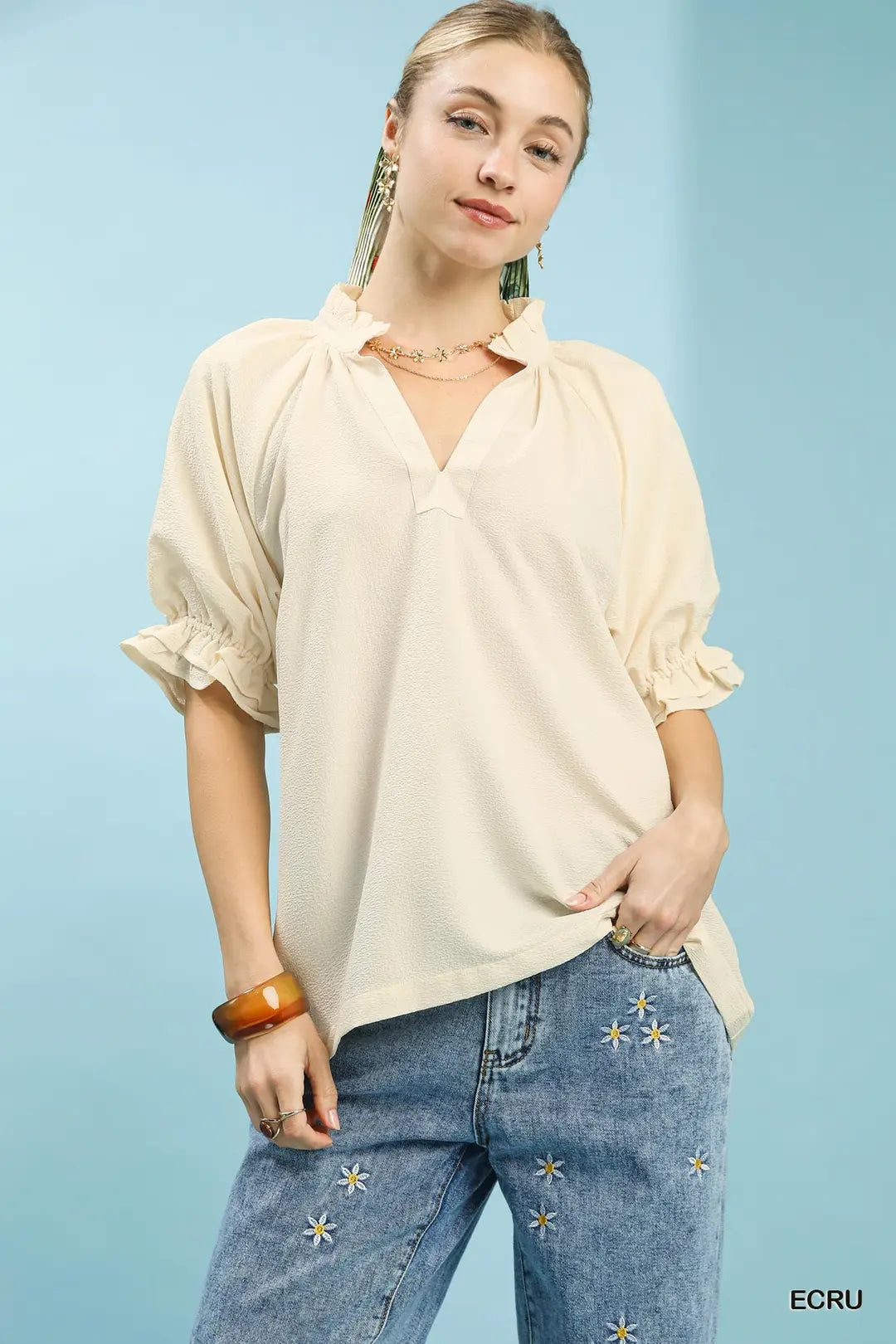 Ruffle Collar Puff Sleeve Top C5886