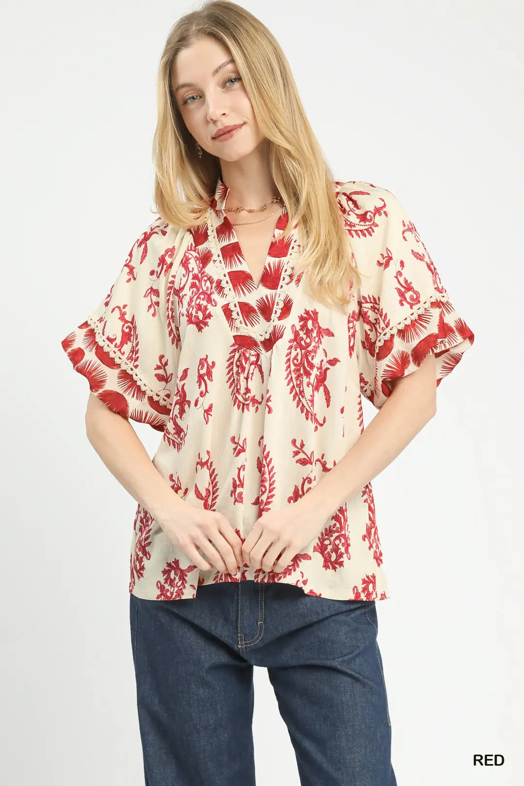 Red Boho Print Lace Trim Top K1636