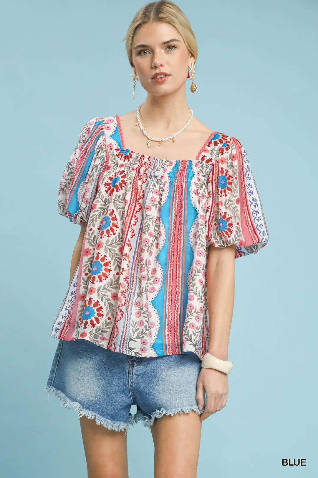 Blue Puff Sleeve Smocked Top K1895