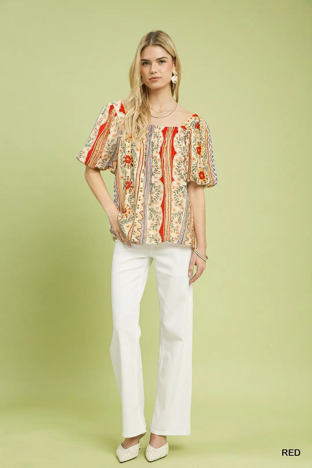 Red Puff Sleeve Smocked Top K1895