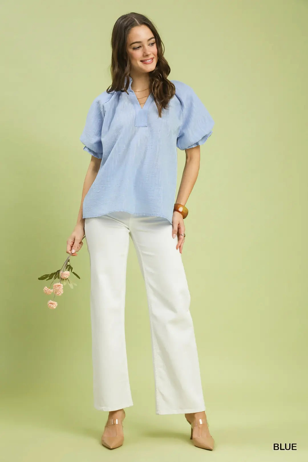 Blue Textured Puff Sleeve C6101