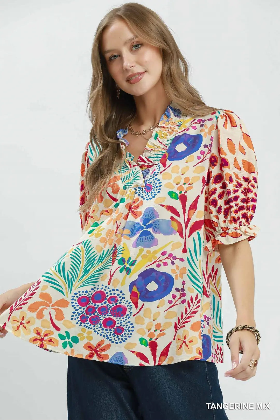 Tangerine Mix V-Neck Ruffle Top C6068