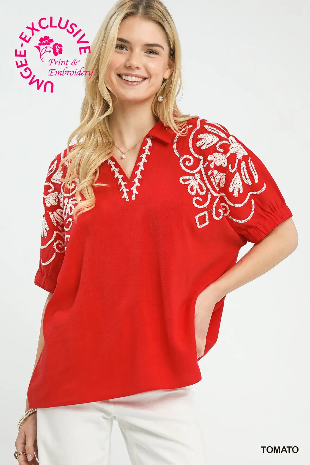 Red Floral Embroidered Top C6184