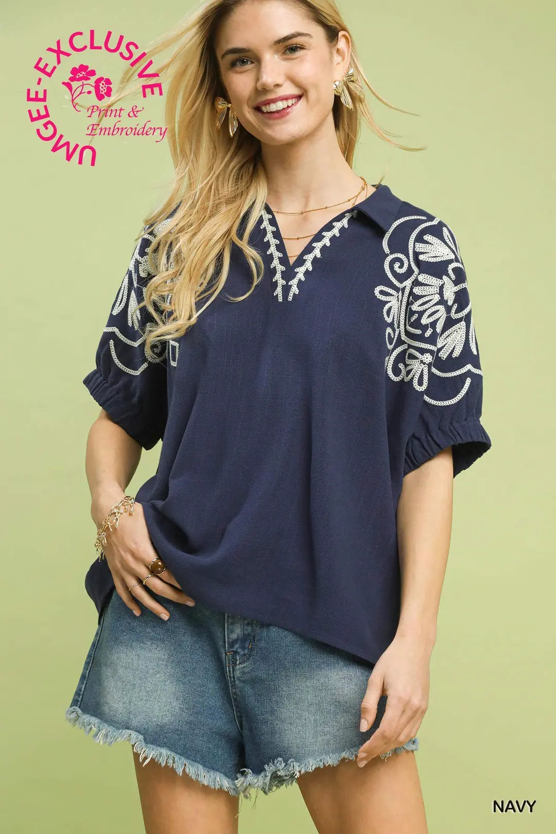 Navy Floral Embroidered Top C6184