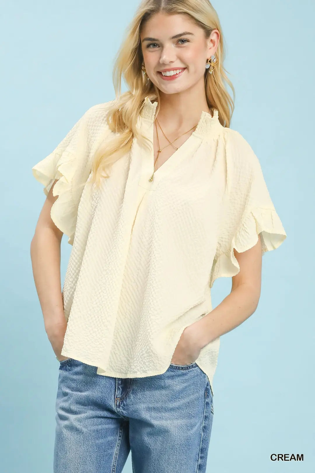 Textured Ruffle Sleeve Top C6371