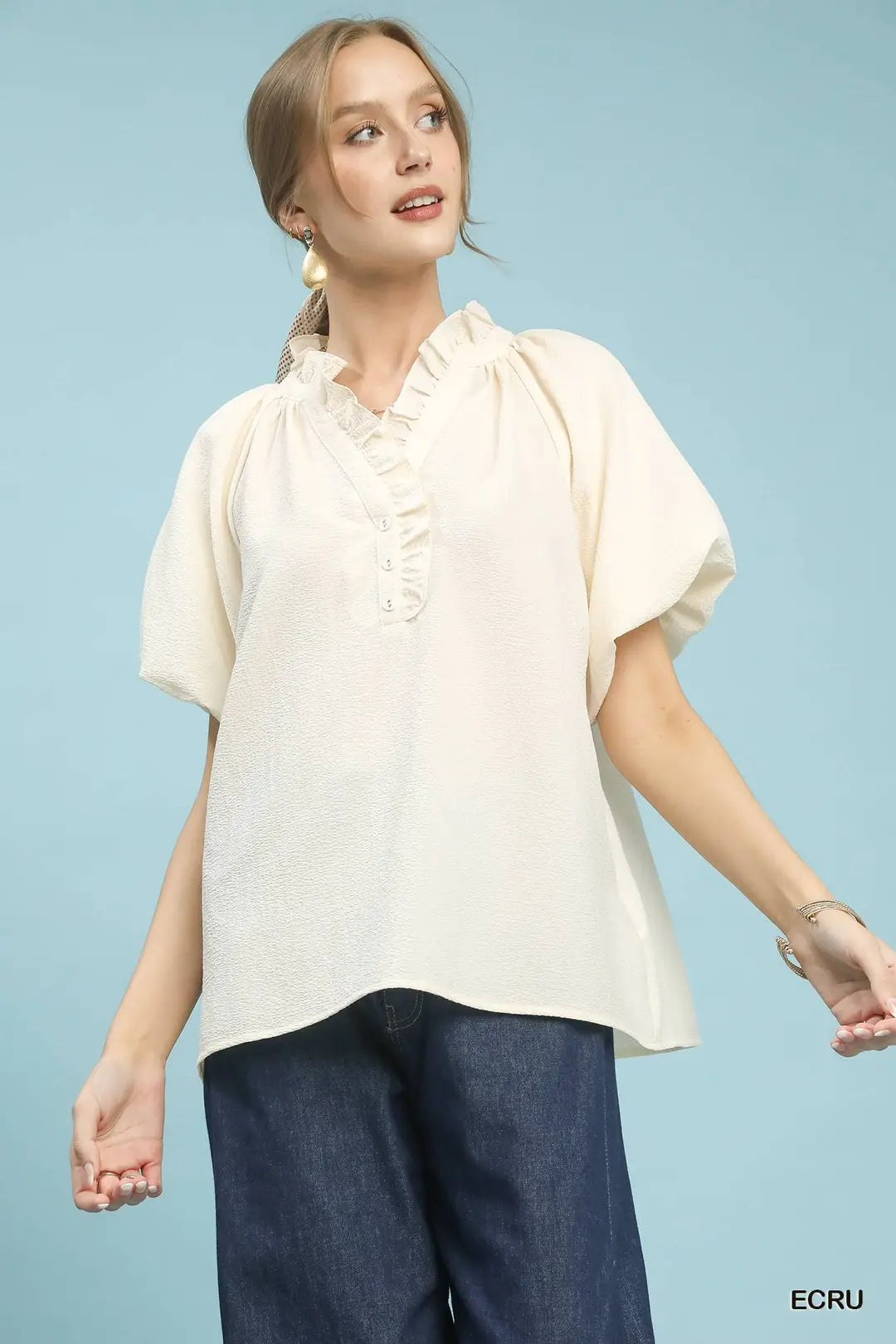 Ivory Ruffle Neck Top C6353