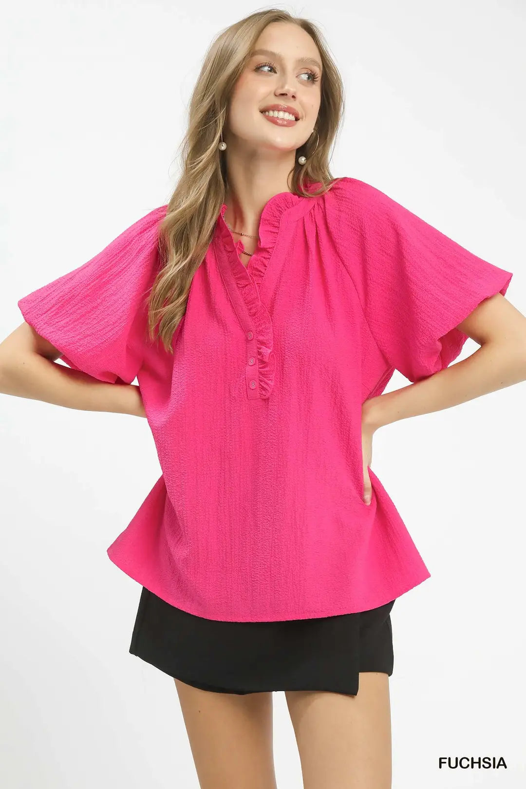 Fuchsia Ruffle Neck Top C6353