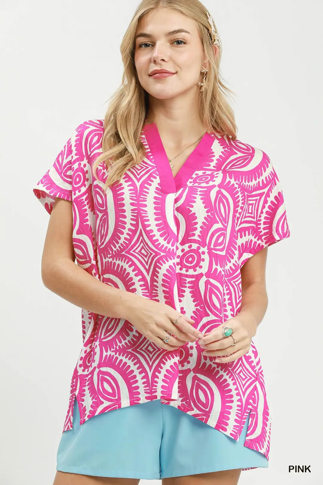 Pink Geometric V-Neck Top D1063