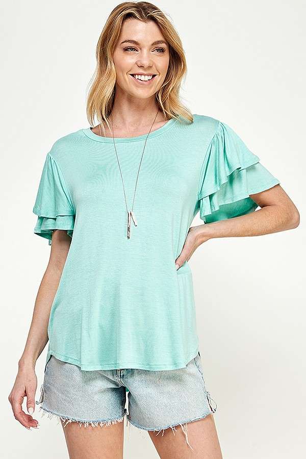 Willow Jane Round Neck Semi Loose Ruffle Sleeve Top in Mint Ocean