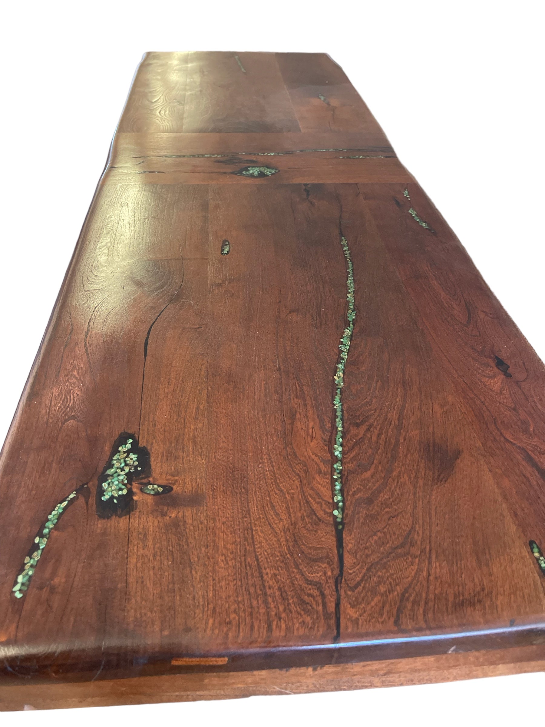Custom Mesquite Sofa Table With Turquoise Inlay and Pineapple Iron Base