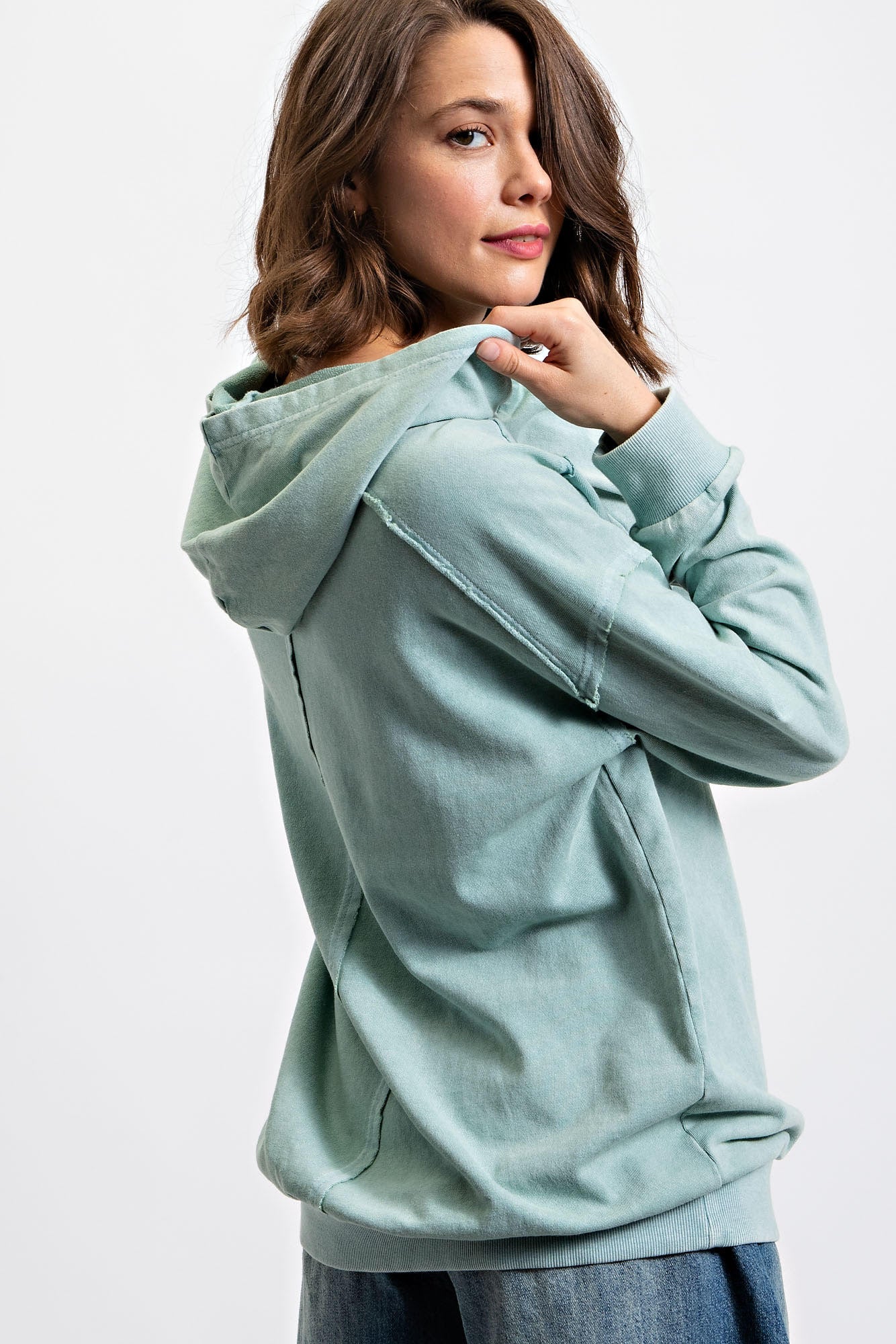 Natalie Peace Sign Mineral Washed Hoodie in Seafoam