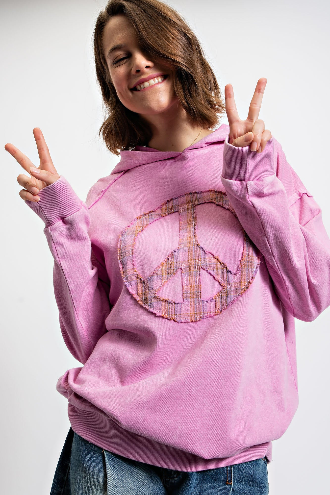 Natalie Peace Sign Mineral Washed Hoodie in Pink