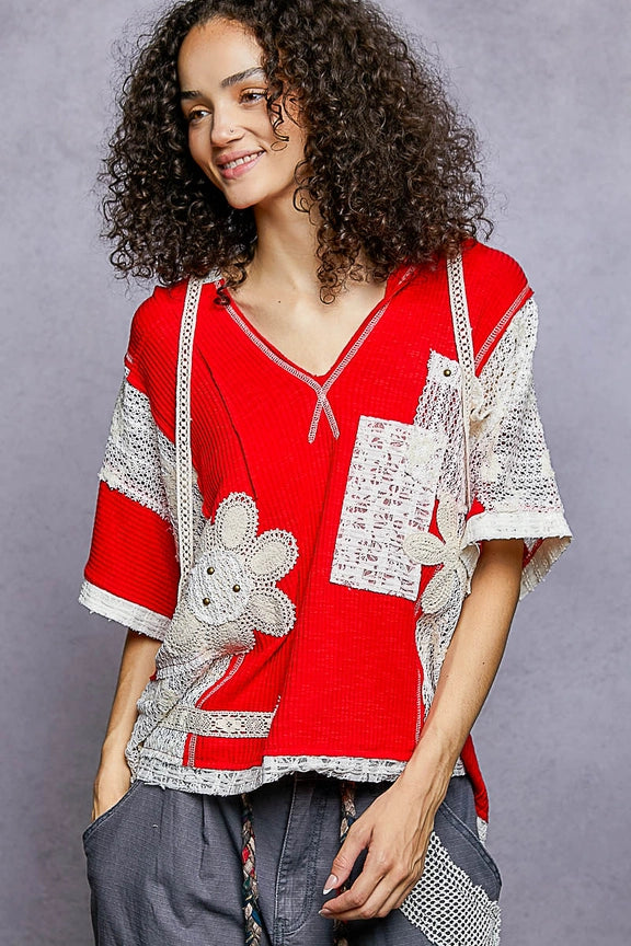 Red V-Neck Crochet Top YKT1395