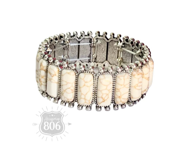Rectangle Stone Stretch Bracelet in Silver & White