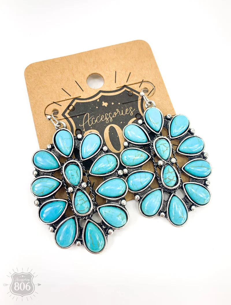 Oval Flower Earrings with Turquoise Stones