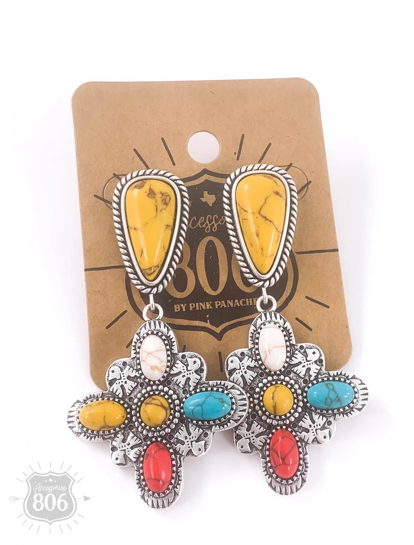 Aztec Multi-Color Stone Four-Point Cross on Yellow Turquoise Teardrop Post Earrings