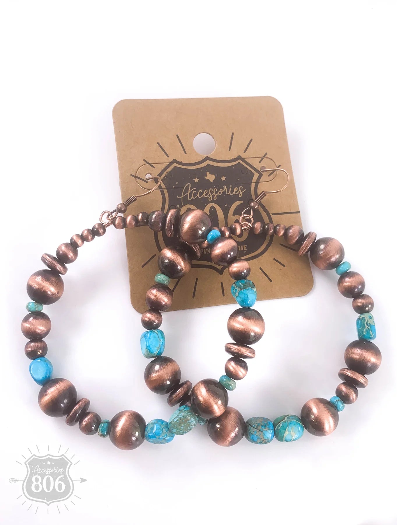 Beaded Bronze Navajo Pearl and Turquoise Hoop Earrings