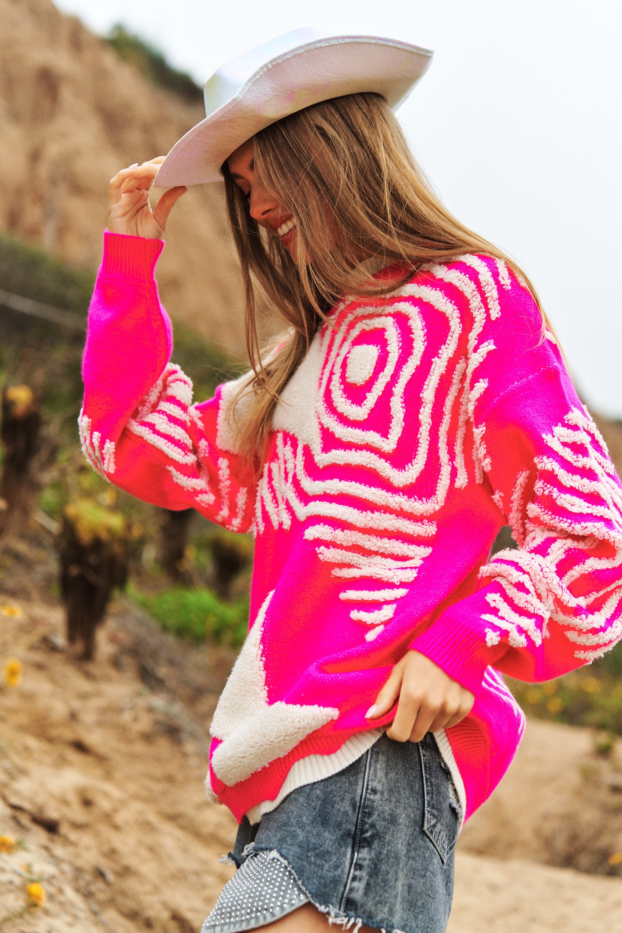 Ella Chunky Knit Pattern Detail Sweater in Hot Pink