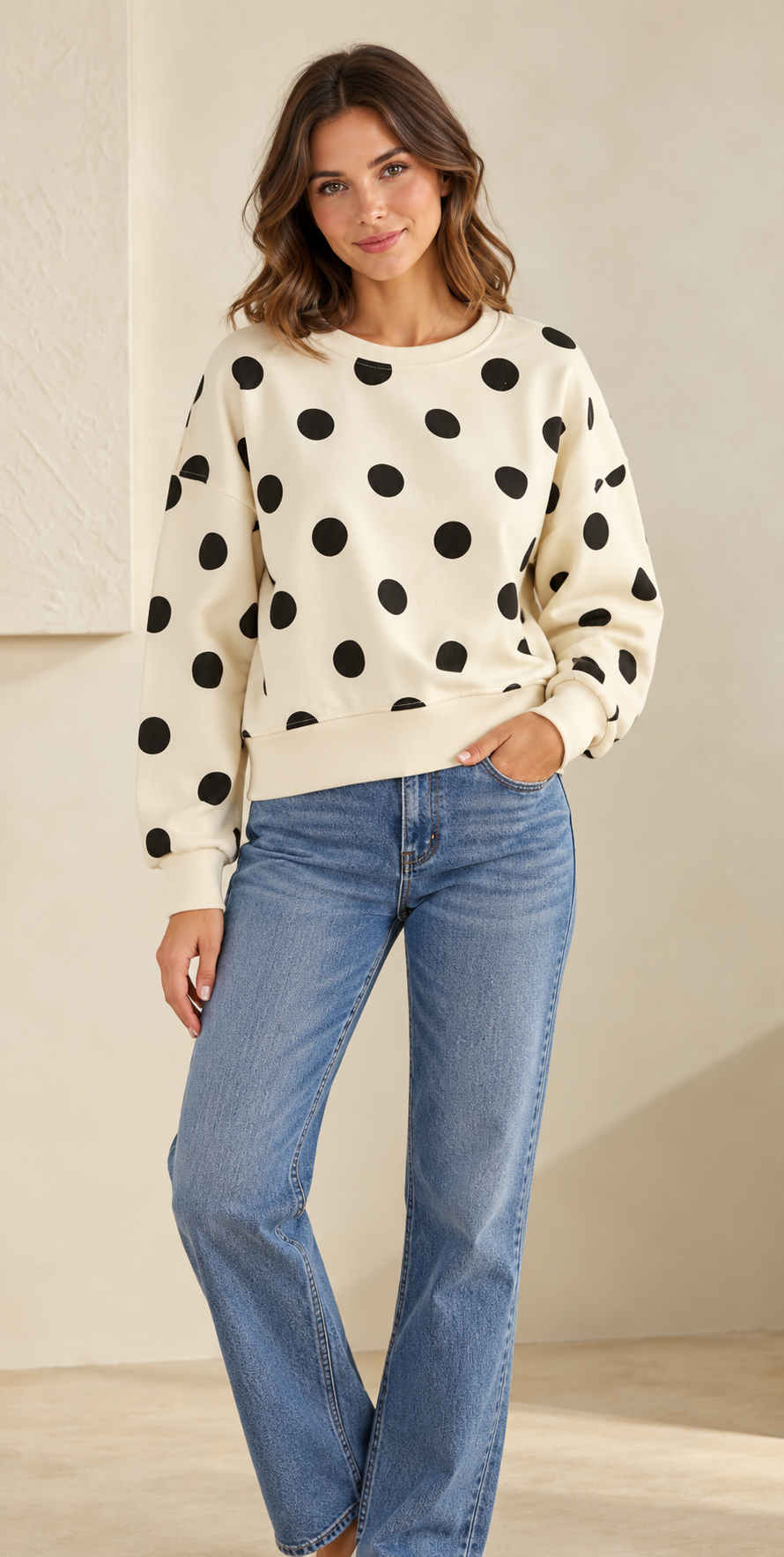 Polka Dot Crew Neck Sweatshirt VT72656