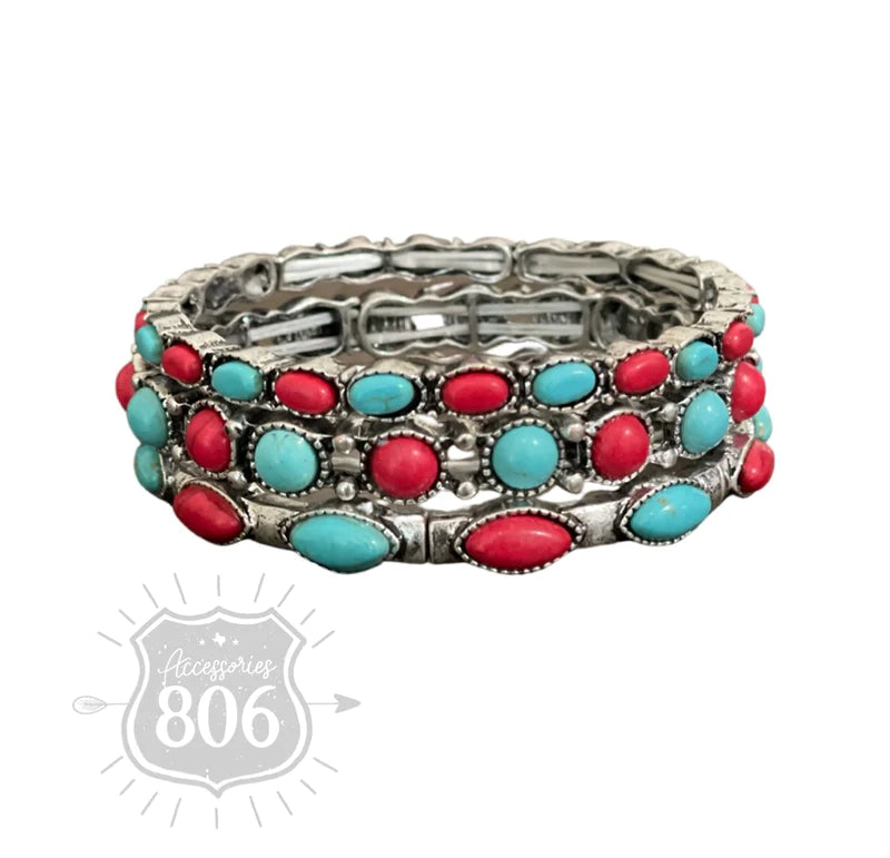 3-Piece Stretch Bracelet Set in Turquoise & Red
