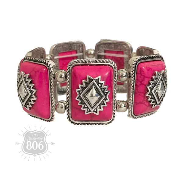 Rectangle Aztec Stone Stretch Bracelet in Pink
