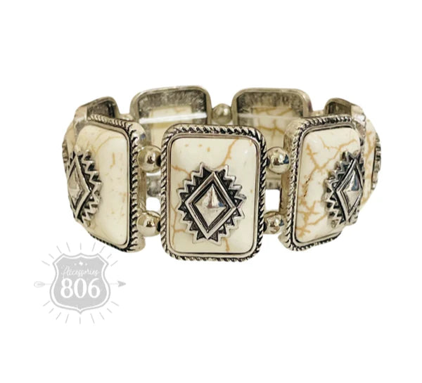 Rectangle Aztec Stone Stretch Bracelet in White