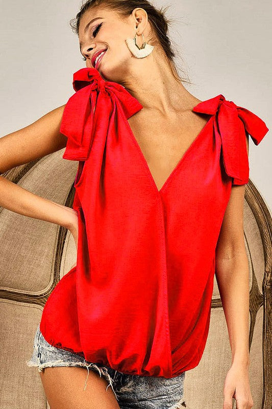 Jaylin Rae Bow-Tie Shoulder Blouse in Red