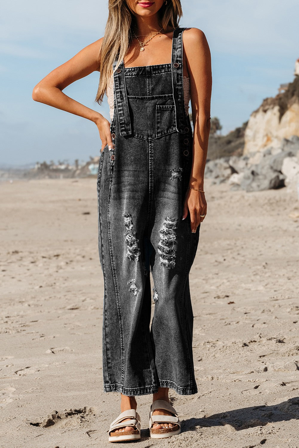 Black Denim Overalls Wide Leg P2