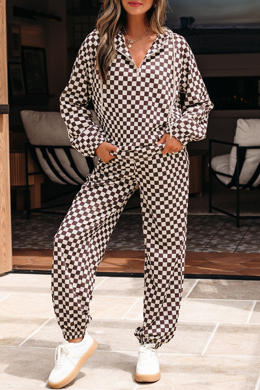 Brown Checkered Jogger Set 627911