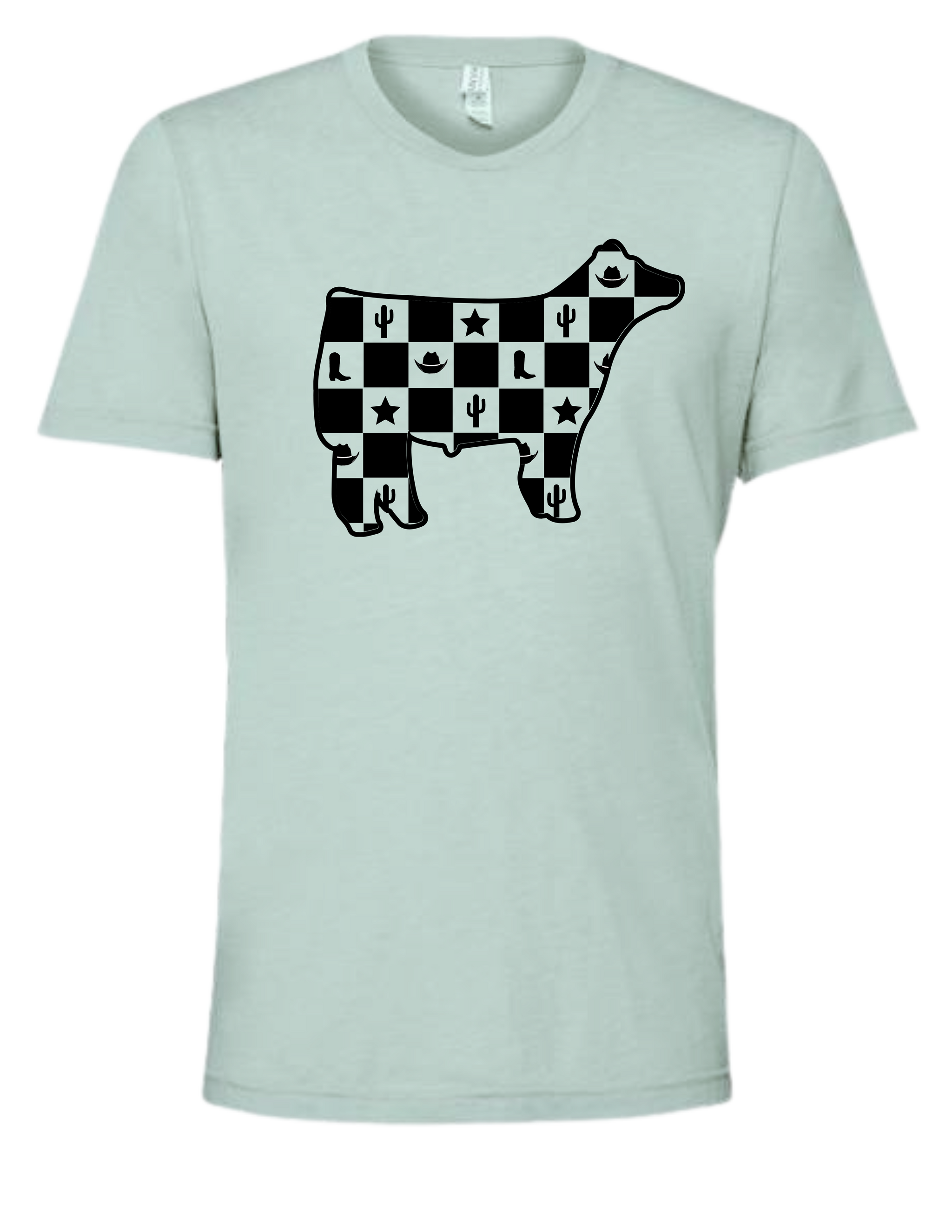 Checkered Cow Short Sleeve Shirt in Light Green