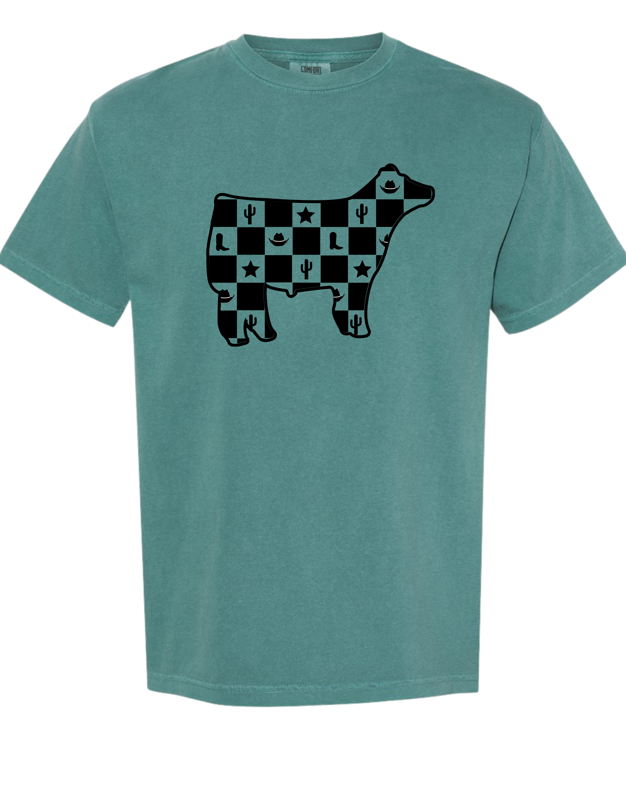 Checkered Cow Graphic Tee on Emerald
