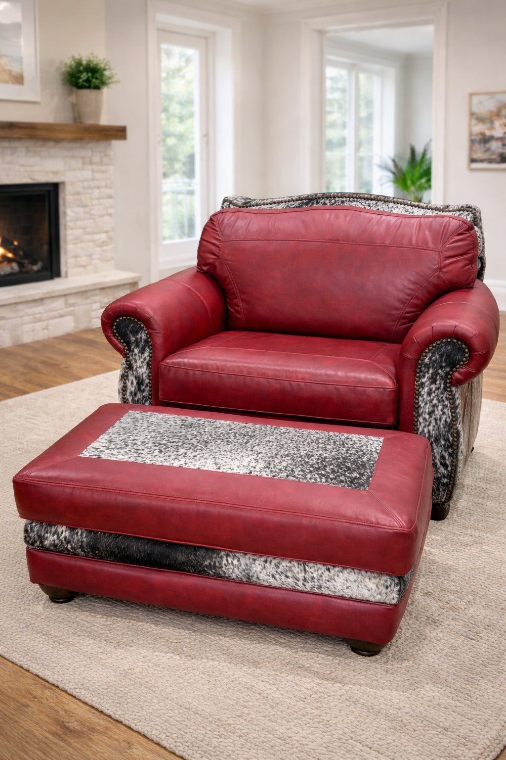 Red Leather & Cowhide El Dorado Chair & Ottoman Set